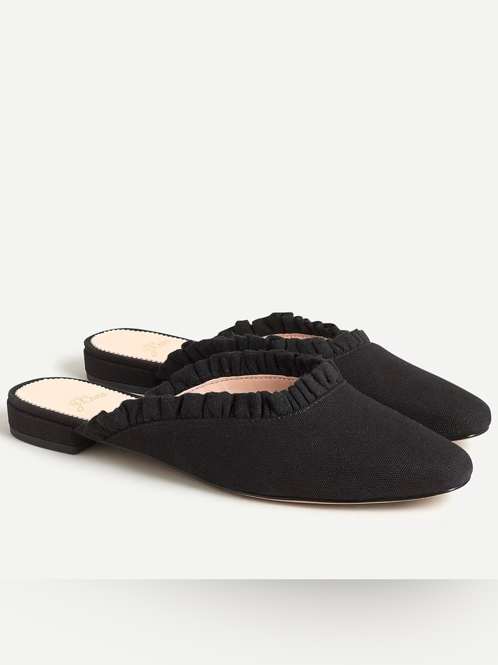J. Crew Carolyn Mule Flats Canvas with Ruffle Sz9 Black Quiet Leather Minimalist